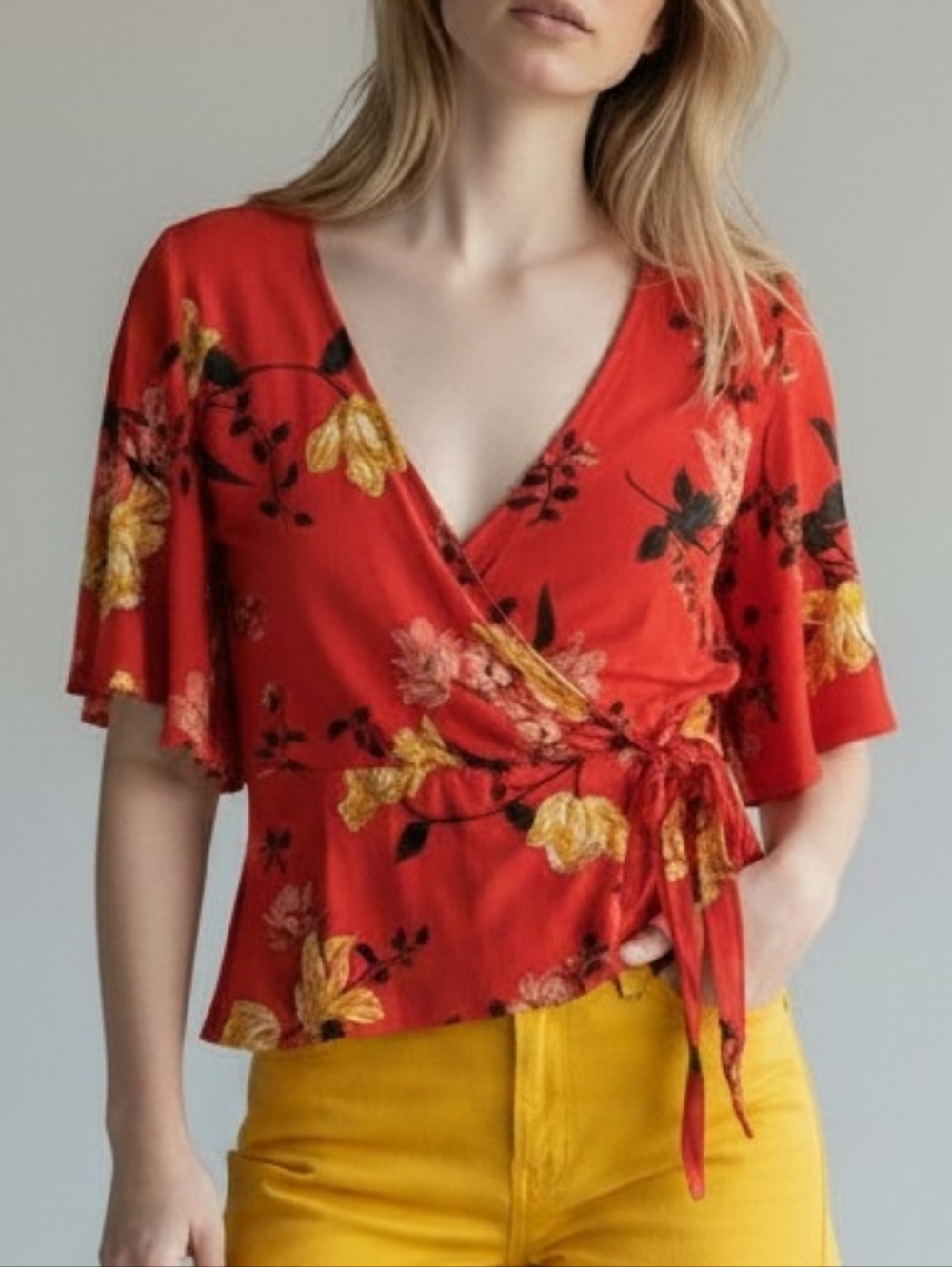 Old Navy Red Floral Wrap Top with Yellow And Pink Blooms